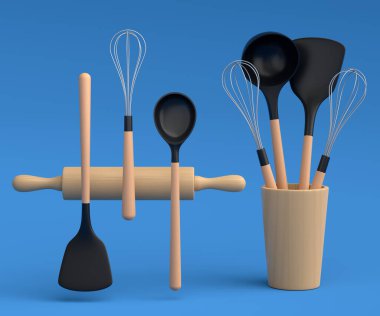 Ahşap mutfak aletleri, araçlar ve ekipmanlar mavi arka planda.