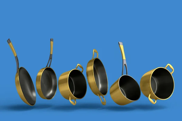 Set of flying stewpot, frying pan and chrome plated cookware on blue background — Fotografie, imagine de stoc
