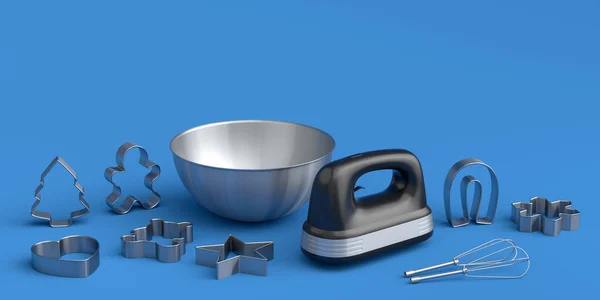Metallschüssel mit elektrischem Rührgerät und Ausstechformen auf blauem Hintergrund — Stockfoto