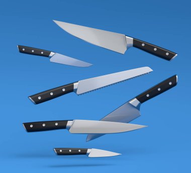 Set of fluing chef's kitchen knives with a wooden handle on blue background. 3d render of butcher knives or professional kitchen utensils