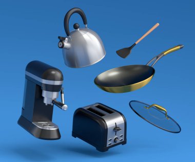 Espresso kahve makinesi, el mikseri, çaydanlık ve tost makinesi mavi arka planda kahvaltı hazırlamak için. Kahve yapmak için 3D kahve demliği.