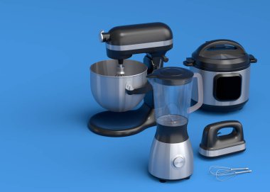 Sağlıklı meyve püresi yapmak için elektrikli blender, mavi arka planda el mikseri ve çoklu fırın... yemek pişirmek için 3 boyutlu mutfak aleti