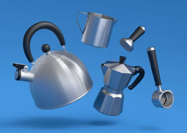 壶和间歇式咖啡机的浓缩咖啡机 用于在蓝色背景下准备早餐 煮拿铁咖啡用咖啡壶3D渲染 — 图库照片