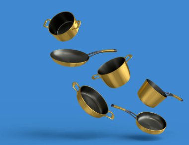 Set of flying stainless steel stewpot, frying pan and chrome plated aluminum cookware on blue background. 3d render of non-stick kitchen utensils
