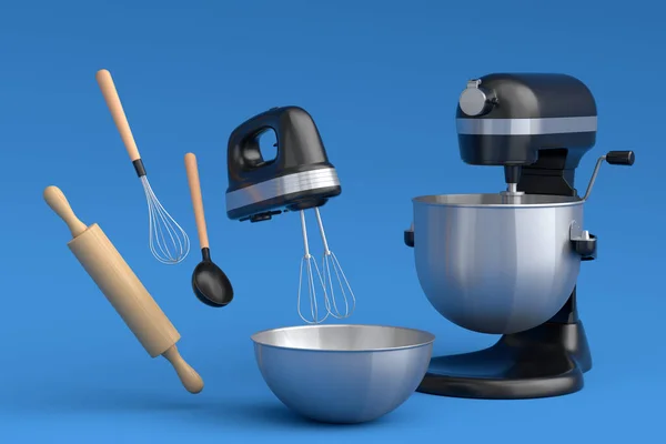 Mixer Metal Bowl Kitchen Utensil Preparation Dough Blue Background Render — Stockfoto