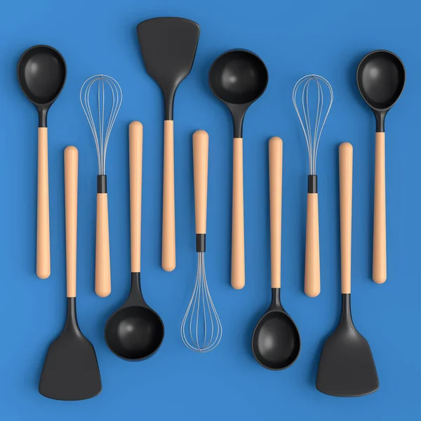 青い背景に木製のキッチン用品 ツールや機器 家庭用キッチンツールや調理用アクセサリーの3Dレンダリング — ストック写真