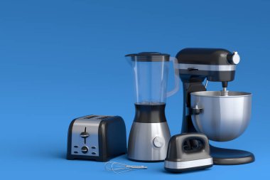 Mavi arka planda sağlıklı meyve suyu, el çırpıcı ve tost makinesi yapmak için elektrikli blender. Yemek pişirmek için 3D mutfak aleti