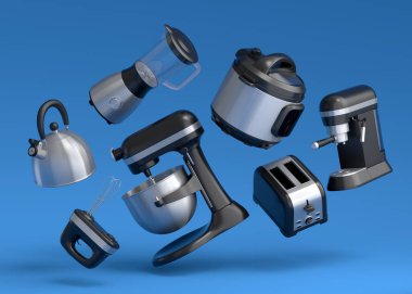 Mavi arka planda kahvaltı hazırlamak için elektrikli mutfak aletleri ve aletleri. Pişirme, pişirme, karıştırma ve kırbaçlama için 3D mutfak gereçleri