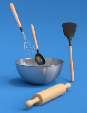 Mavi arka planda hamur hazırlamak için mutfak gereçleri ile metal kase. Aşçılık, harmanlama ve karıştırma için 3D pişirme süreci adım adım ve aksesuarları