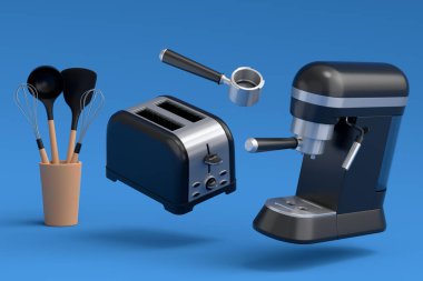 Beyaz arka planda kahvaltı hazırlamak için boynuzlu ve tost makineli Espresso kahve makinesi. Kahve yapmak için 3D kahve demliği.