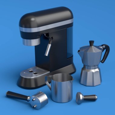 Kahvaltını hazırlamak için boynuzlu ve gayzer kahve makineli espresso kahve makinesi. Kahve yapmak için 3D kahve demliği.