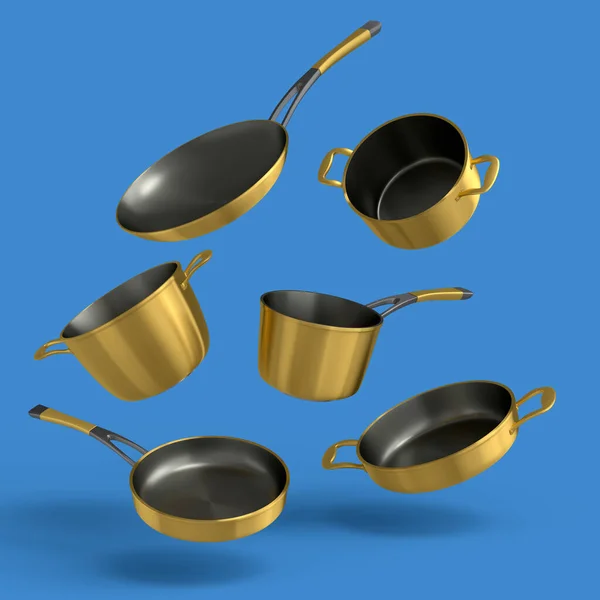 Set Flying Stainless Steel Stewpot Frying Pan Chrome Plated Aluminum — Stock Photo, Image