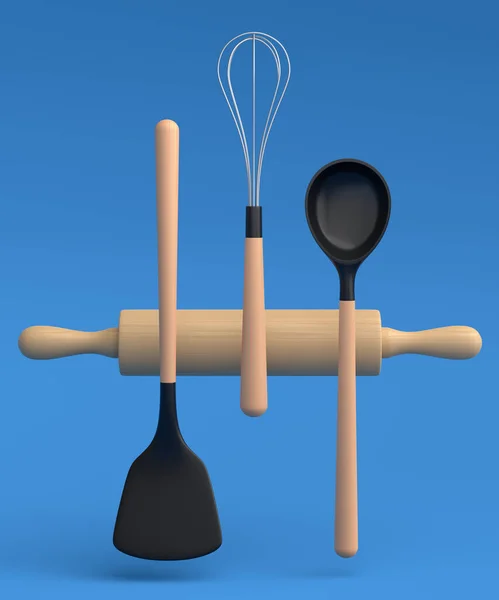 Ξύλινα Σκεύη Κουζίνας Εργαλεία Και Εξοπλισμός Μπλε Φόντο Καθιστούν Εργαλεία — Φωτογραφία Αρχείου