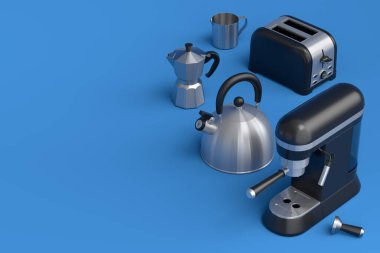 Çaydanlık, tost makinesi, kahve makinesi boynuzu ve mavi arka planda gayzer kahve makinesi. 3 boyutlu mutfak gereçleri kahve ile kahvaltı hazırlıyor.