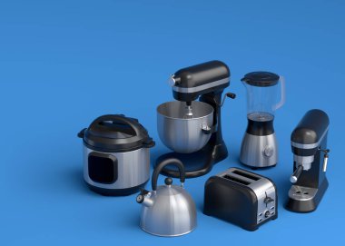 Mavi arka planda kahvaltı hazırlamak için elektrikli mutfak aletleri ve aletleri. Pişirme, pişirme, karıştırma ve kırbaçlama için 3D mutfak gereçleri