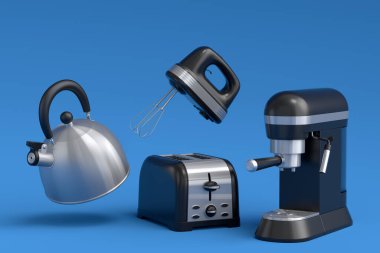 Espresso kahve makinesi, el mikseri, çaydanlık ve tost makinesi mavi arka planda kahvaltı hazırlamak için. Kahve yapmak için 3D kahve demliği.