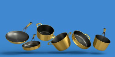 Set of flying stainless steel stewpot, frying pan and chrome plated aluminum cookware on blue background. 3d render of non-stick kitchen utensils