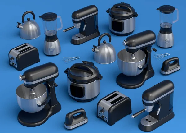 Peralatan Dapur Listrik Dan Peralatan Untuk Membuat Sarapan Dengan Latar — Stok Foto