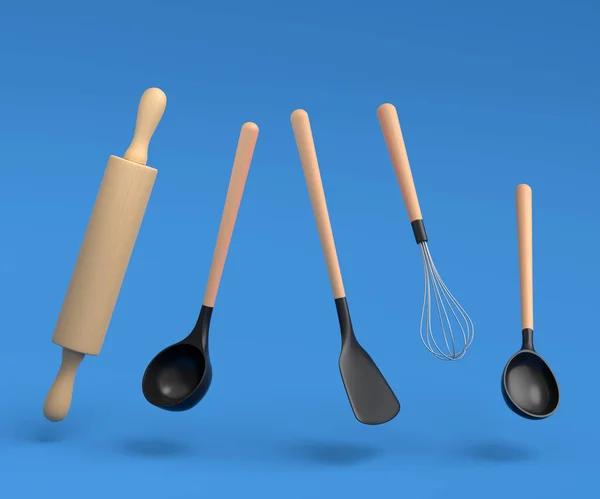 蓝色背景的木制厨房用具 工具和设备 家庭厨房用具和炊具的3D渲染 — 图库照片