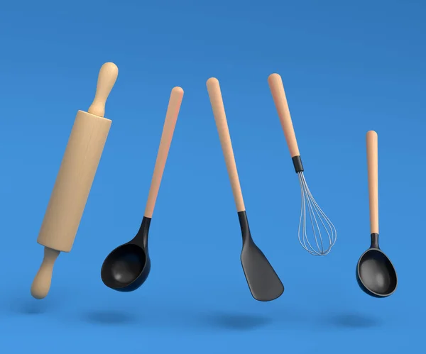 Ustensiles Cuisine Bois Outils Équipements Sur Fond Bleu Rendement Des — Photo