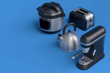 Çaydanlık, tost makinesi, kahve makinesi. Mavi arka planda boynuzlu ve çoklu kurabiye makinesi. 3 boyutlu mutfak gereçleri kahve ile kahvaltı hazırlıyor.