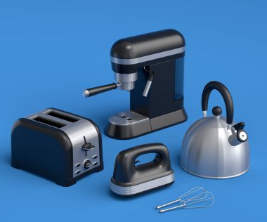 Espresso kahve makinesi, el mikseri, çaydanlık ve tost makinesi mavi arka planda kahvaltı hazırlamak için. Kahve yapmak için 3D kahve demliği.