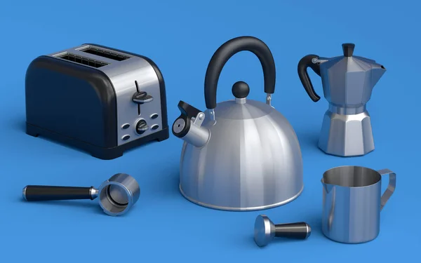 Kettle Toaster Coffee Machine Horn Geyser Coffee Maker Blue Background — Fotografia de Stock