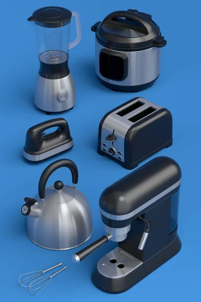 Electric Kitchen Appliances Utensils Making Breakfast Blue Background Render Kitchenware — Foto Stock