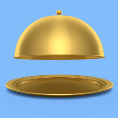 Mavi arka planda izole edilmiş altın tepside saat servis etmeye hazır. 3D servis, restoran, horeca ve birinci sınıf servis kavramı