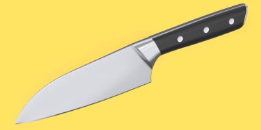 Şef 'in mutfak bıçağı, sarı arka planda izole edilmiş ahşap saplı. 3 boyutlu Santoku bıçağı ya da profesyonel mutfak gereçleri.