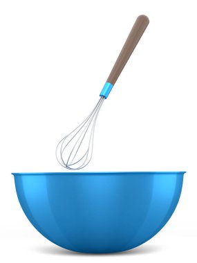 Beyaz arka planda izole edilmiş hamur hazırlamak için çırpılmış metal kase. Aşçılık, harmanlama ve karıştırma için 3D pişirme süreci adım adım ve aksesuarları