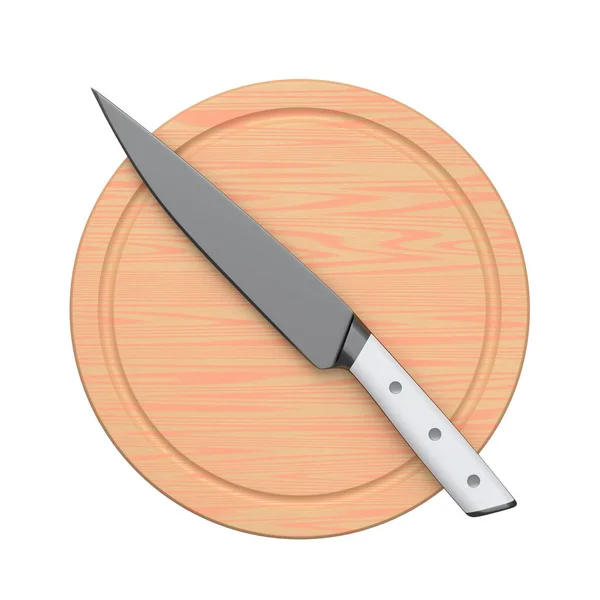 Chef\'s kitchen knife on a wooden board isolated on white background. 3d render of butcher knife or professional kitchen utensils