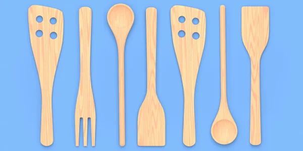 Wooden Kitchen Utensils Tools Equipment Blue Background Render Home Kitchen — Stock Photo, Image