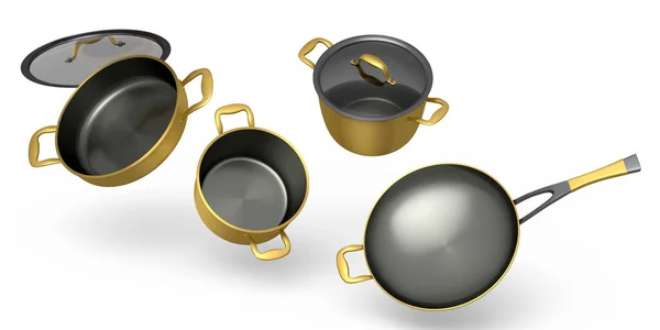 一套白色背景的不锈钢蒸锅 油锅和镀铬铝制炊具 不粘贴厨房用具3D渲染 — 图库照片