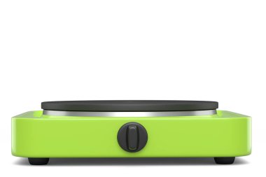 Beyaz arka planda izole edilmiş taşınabilir elektrikli ocak. 3D seyahat fırını. Mutfakta buharlı tencerede yemek ve kaynar su hazırlamak için.