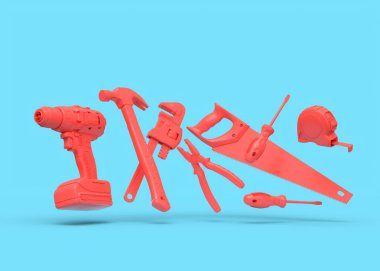 Flying view of red construction tools for repair and installation on blue background. 3d rendering and illustration of service banner for house plumber or repairman