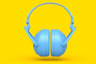 Sarı tek renkli arka planda izole edilmiş koruyucu kulaklıklar. Tamir ve inşa etmek için kullanılan aracın 3d görüntülenmesi ve çizimi