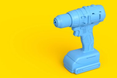 Sarı arkaplanda kablosuz matkap ya da tornavida izole edilmiş. Onarım ve kurulum için aracın 3d görüntüleme ve resimlemesi