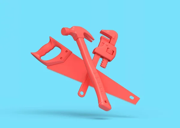 Flying View Red Construction Tools Repair Installation Blue Background Rendering — Stock fotografie