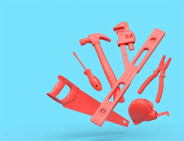 Flying View Red Construction Tools Repair Installation Blue Background Rendering — Zdjęcie stockowe