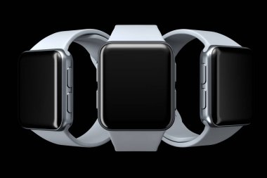 Siyah zemin üzerinde akıllı saat veya fitness izleyici seti... giyilebilir aygıt sağlığı ve fitness izleyicisinin 3 boyutlu oluşturma konsepti