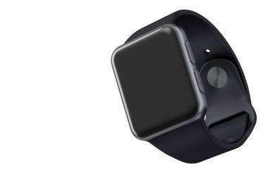 Beyaz arka planda siyah kayışı olan paslanmaz gümüş akıllı saat. Giyilebilir aygıt sağlığı ve fitness izleyicisi için 3B yorumlama kavramı