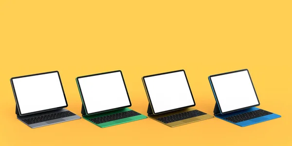 노란색 배경에는 키보드와 컴퓨터 태블릿 세트가 렌더링 개념의 크리에이티브 디자이너 — 스톡 사진