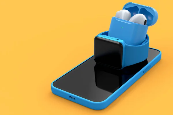 Mockup Smart Watches Wireless Bluetooth Headphones Lying Smartphone Orange Background — Φωτογραφία Αρχείου