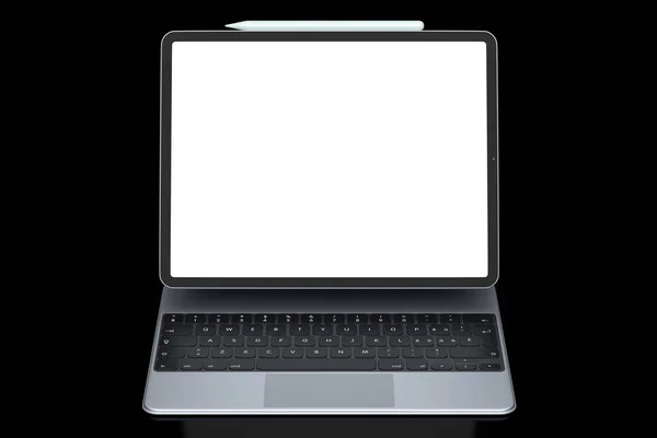 キーボードと黒の背景に隔離された空白の画面を持つコンピュータタブレット 創造的なデザイナー機器とコンパクトなワークスペースの3Dレンダリングコンセプト — ストック写真