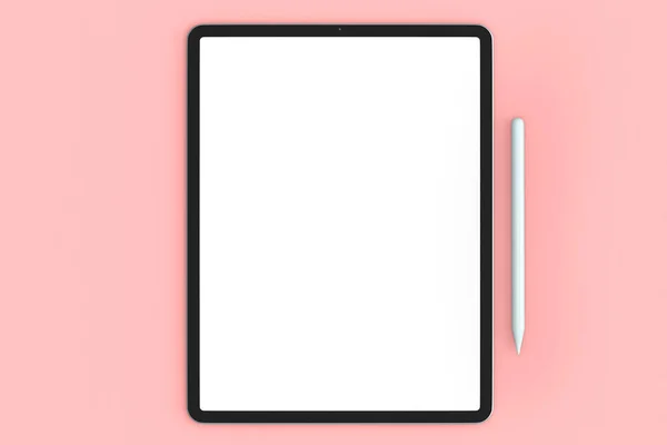 Computer Tablet Met Potlood Geïsoleerd Roze Achtergrond Rendering Concept Van — Stockfoto