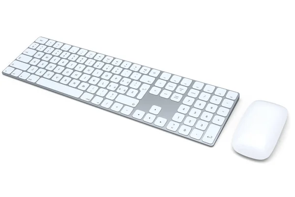 白の背景に数字パッドとマウスで隔離された現代のアルミコンピュータキーボード ホームオフィスやワークスペースのためのギアの3Dレンダリング — ストック写真