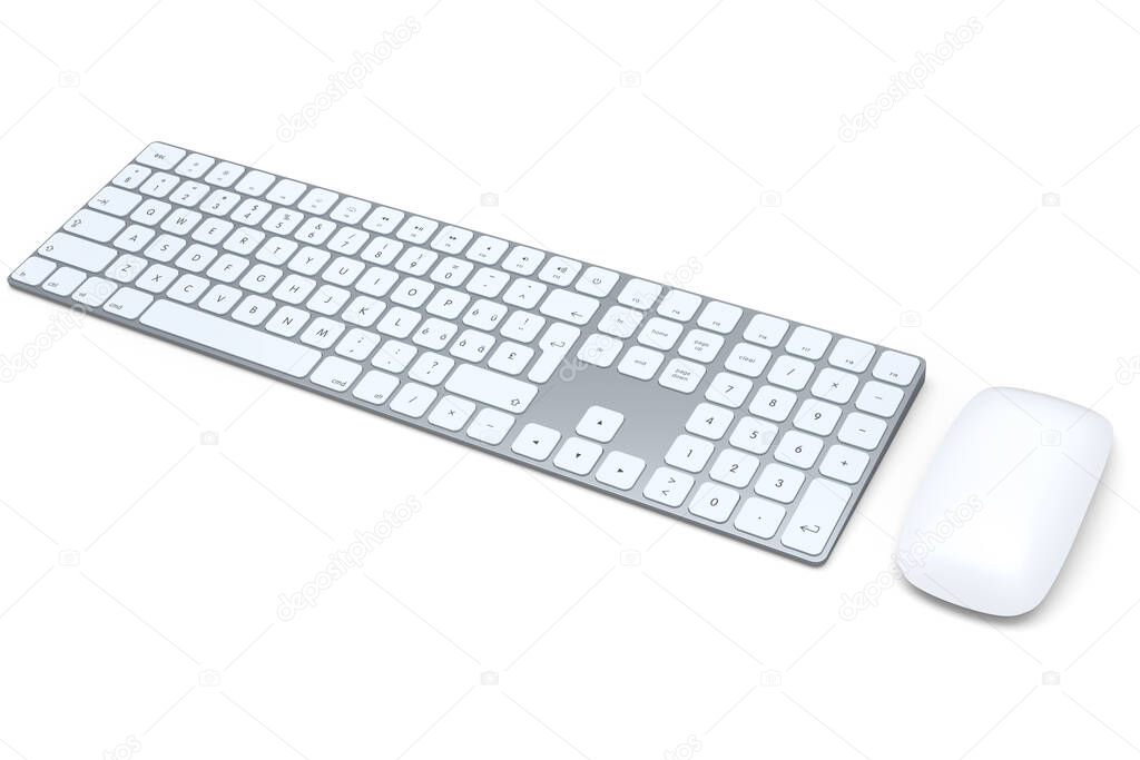 Modern aluminum computer keyboard with numpad and mouse isolated on white background. 3D rendering of gear for home office and workspace