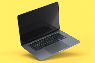 Sarı zemin üzerinde boş beyaz ekran görüntüsü olan gerçekçi alüminyum laptop. Ev stüdyosu çalışma alanı için 3D taşınabilir bilgisayar görüntüleme
