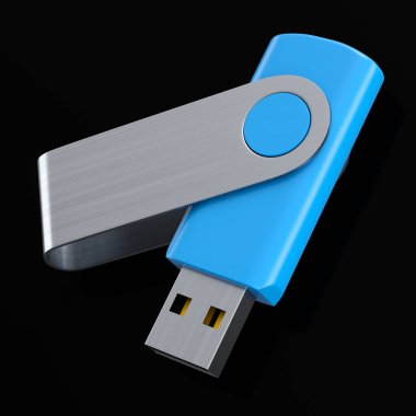 Taşınabilir mavi USB flaş bellek siyah arkaplanda izole edildi. Ev işi stüdyo çalışma alanı için 3 boyutlu aksesuar hazırlama